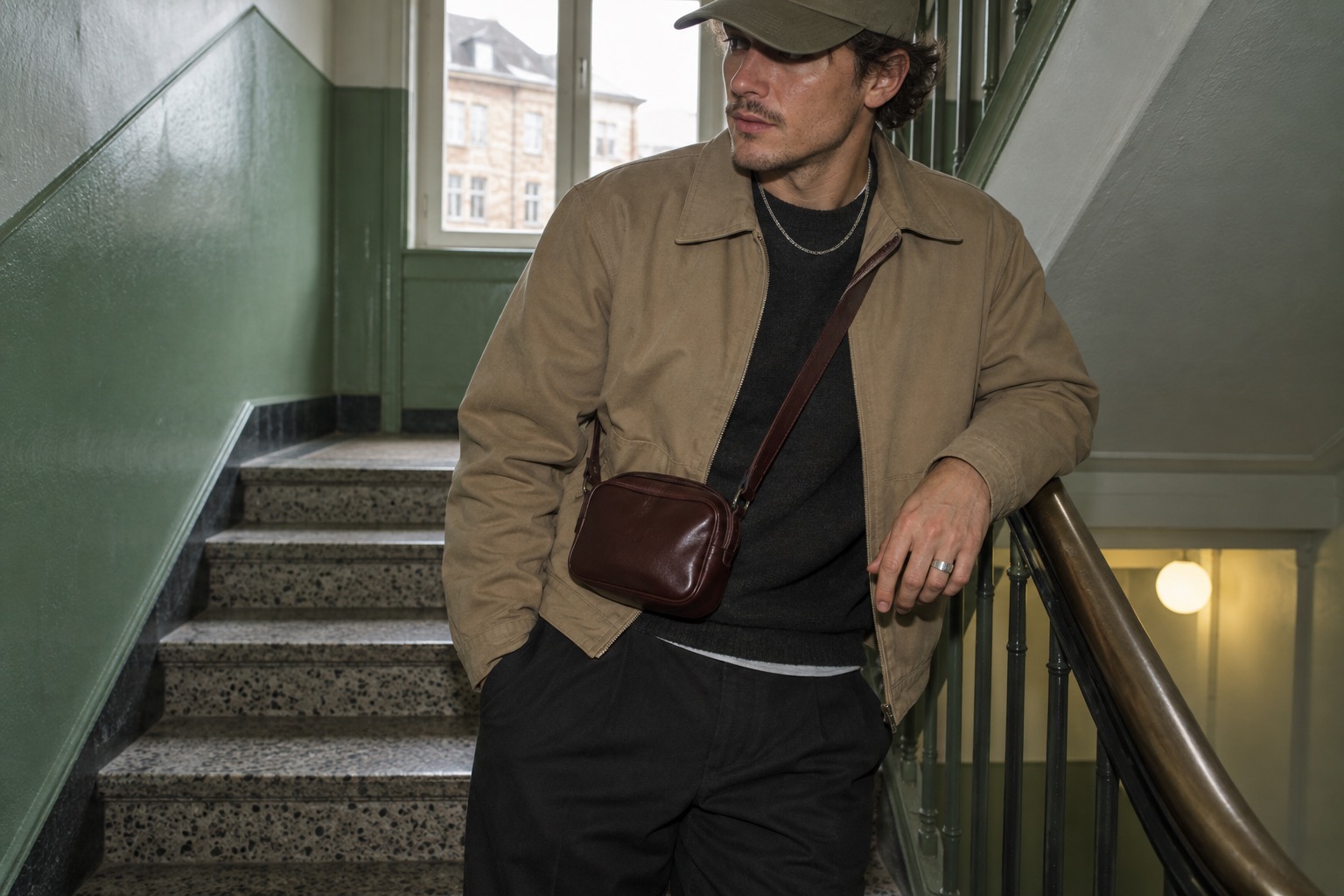 Streetwear-portræt med cap, kompakt taske og enkle smykker