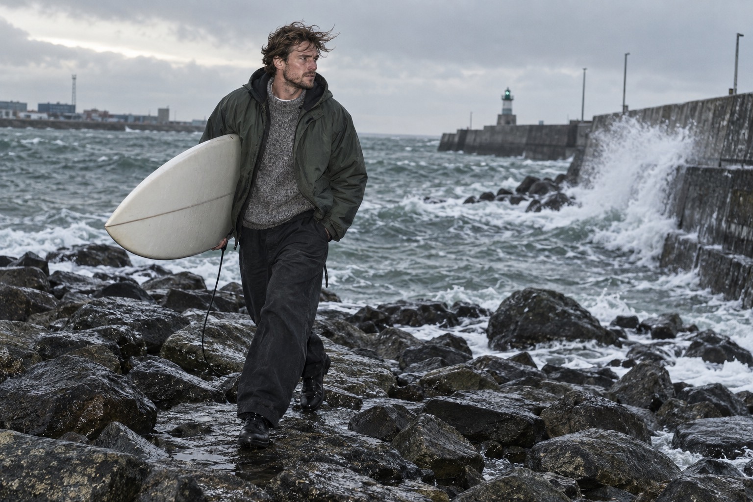 Surfer i varme streetwear-lag ved en kold dansk kyst