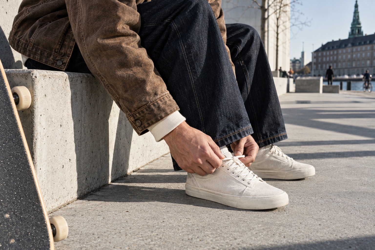 Detaljer i mørk denim, brun canvas og lyse skatesko ved en betonbænk