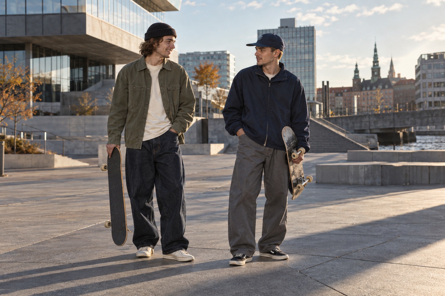 To skatere i brede bukser og lagdelt streetwear på en solbeskinnet betonplads