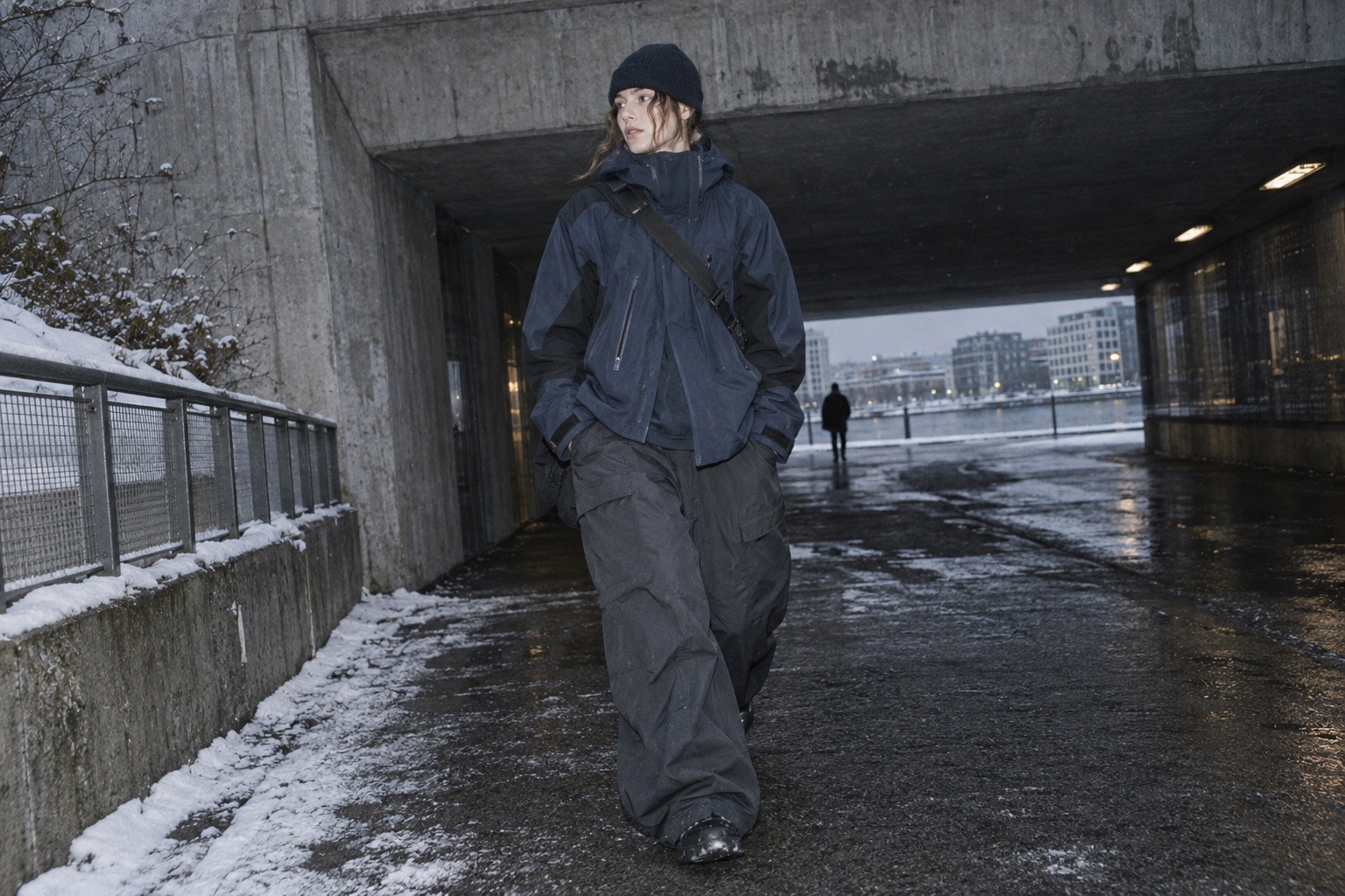 Person i teknisk skistreetwear under en skandinavisk bybro efter snevejr