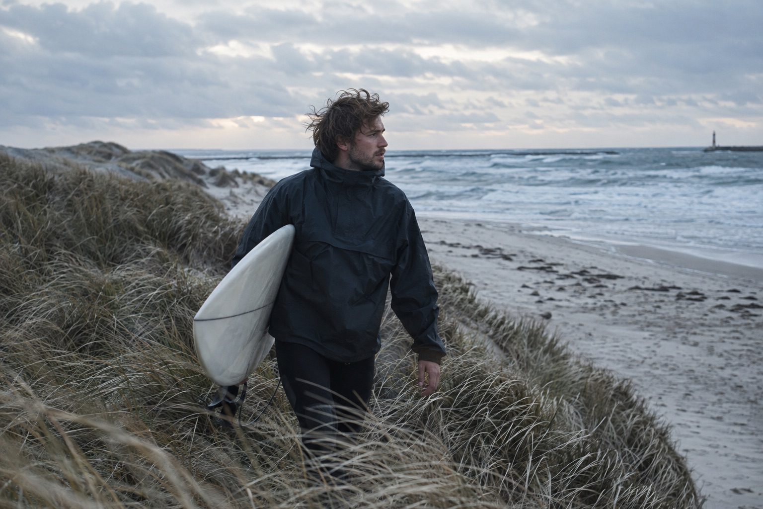 Surfinspireret streetwear med board ved en vindblæst kyst