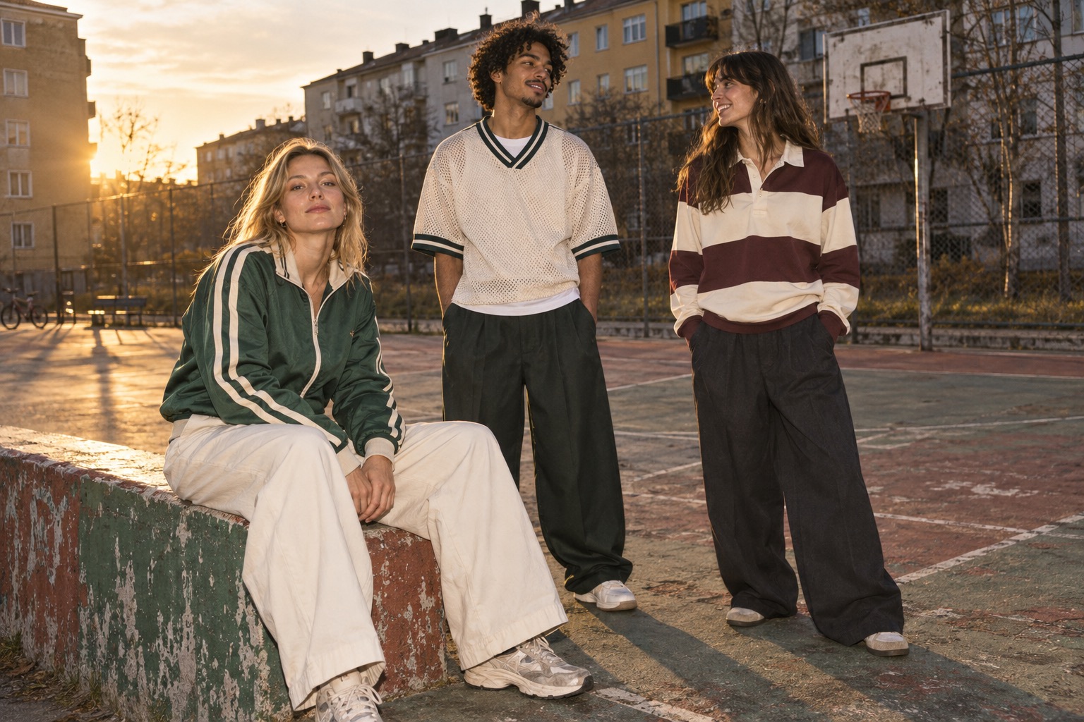 Venner i vintage sportsinspireret streetwear på en udendørs bane